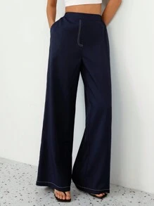 SHEIN Privé Women's Loose Fit Casual Pants With Color Block Design, Blue With White Stripe Fall Cloth For Women