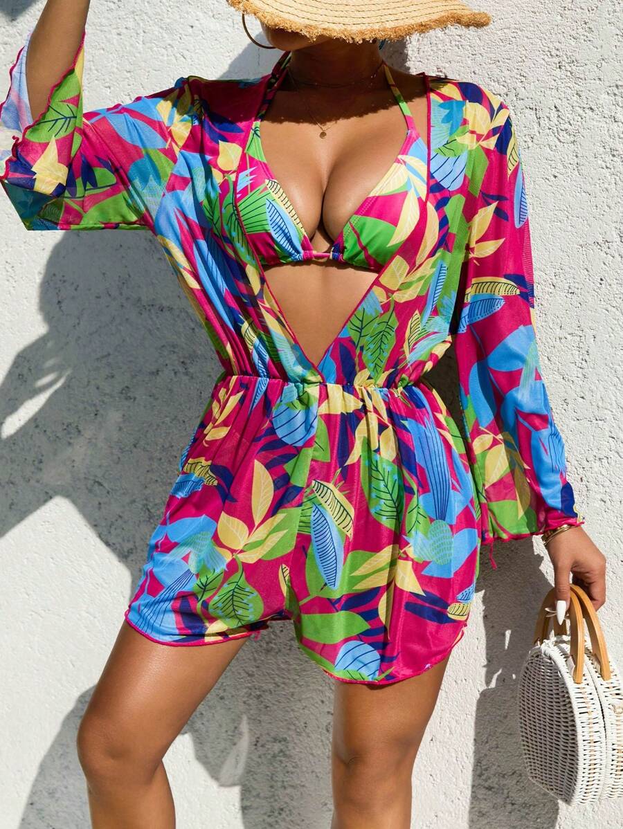 SHEIN Swim 女士植物印花简约吊带比基尼上衣和下装套装,带罩衫,适合夏季海滩度假 - 彩色 - 查看 1