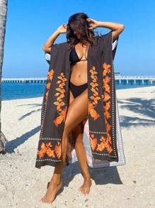 SHEIN Swim Saída de praia feminina casual com fenda lateral e quimono longo com estampa floral, estilo festival boêmio, férias de verão na praia