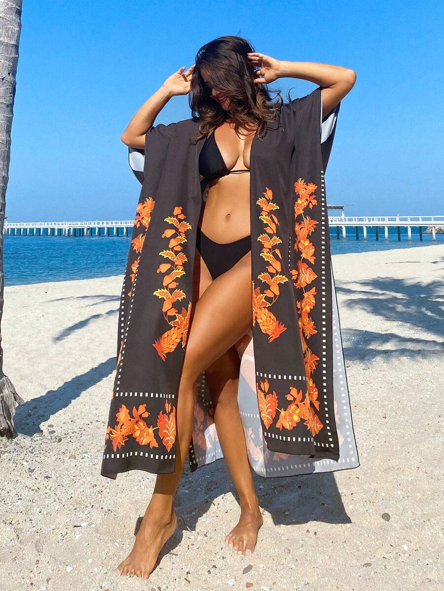 SHEIN Swim Saída de praia feminina casual com fenda lateral e quimono longo com estampa floral, estilo festival boêmio, férias de verão na praia