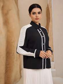 Graceveil Camisa casual de mujer de manga larga con botones delanteros y bloque de color