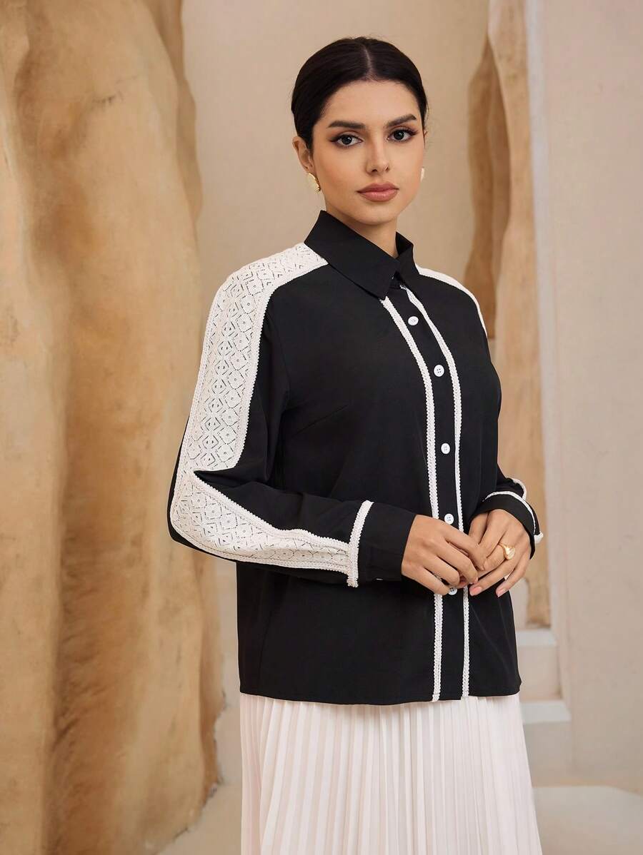 Graceveil Camisa casual de mujer de manga larga con botones delanteros y bloque de color