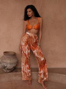 Swim Oasis Springbreak 3Pcs Women's Summer Holiday Solid Textured U-Neck Backless Top & High-End Printed Mesh Beach Pants Swimwear Set, Festival Boho - Multicolor - View 7