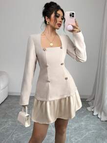 Elenzga Women's Elegant Casual Commuter V-Neck Double-Breasted Hem Contrast Color Patchwork Ruffle Hem Long Sleeve Short Mini Dress - Apricot - View 1