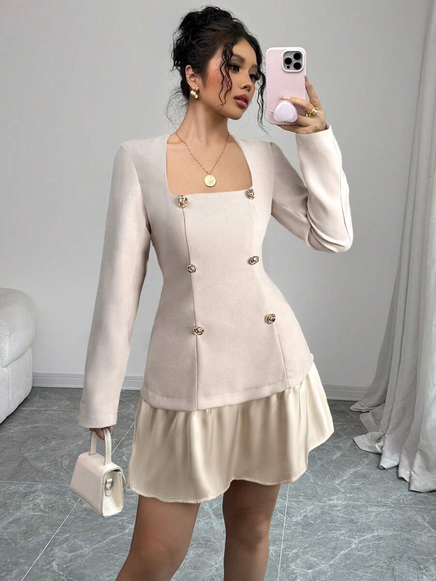 Elenzga Women's Elegant Casual Commuter V-Neck Double-Breasted Hem Contrast Color Patchwork Ruffle Hem Long Sleeve Short Mini Dress - Apricot - View 1