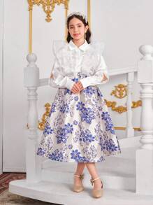 SHEIN 2pcs/Set Tween Girl Elegant Floral Ruffle Sleeve Blouse And Flared Skirt Set, Soft Satin & Organza - Multicolor - View 6