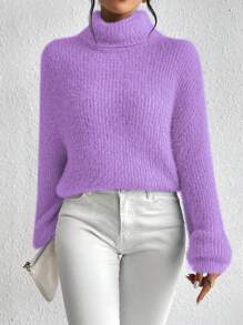 Chiquease Women's Solid Color Pullover Sweater, Simple Style, Casual Everyday Wear - Mauve Purple - View 7