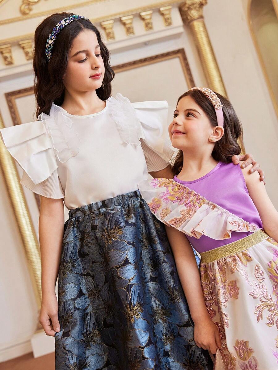 SHEIN Conjunto de 2 piezas de top sin mangas morado y falda con volantes a juego para niñas, atuendo elegante para fiestas, apropiado para salir, reuniones familiares y cumpleaños