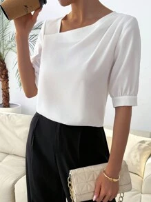 Calvaya Casual Commuter Fashion Oblique Neckline Short Sleeve Blouse