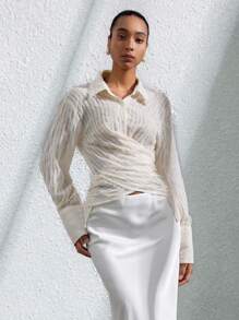 Aveloria Modichic Áo cánh tay dài họa tiết hoa jacquard cổ xếp lớp thiết kế thanh lịch cho nữ - Màu be - Xem 5