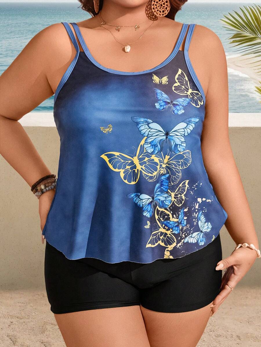Swim Lushoire Bộ đồ bơi Tankini in hình bướm cỡ lớn cho nữ 2 món, dành cho kỳ nghỉ hè ở bãi biển - Màu xanh lam - Xem 1