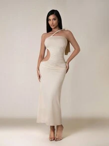 Zolique Vestido largo elegante fruncido para mujer, ajuste ceñido