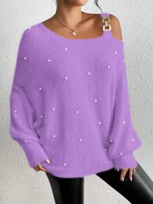 Calvaya Women's Fashion Embellished Asymmetric Shoulder Long Sleeve Pullover Sweater, Autumn/Winter