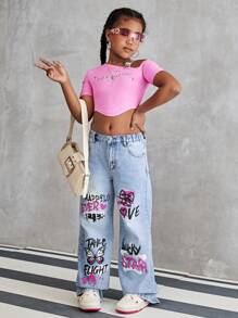 Tween Girl' Casual Fashionable Printed Washed Light Blue Denim Straight Leg Jeans - Light Wash - View 3
