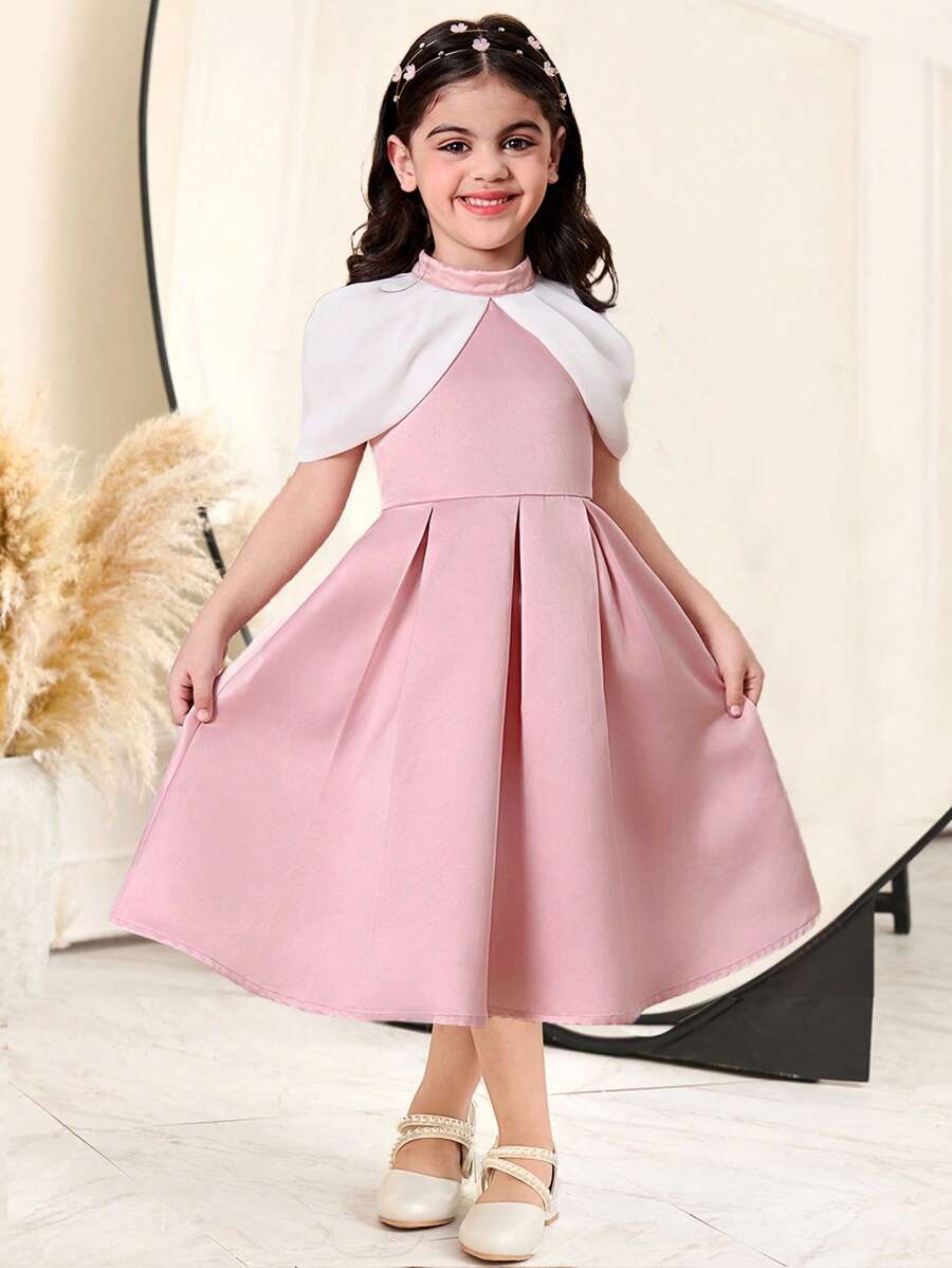 SHEIN Vestido tejido de línea A con cuello alto, diseño de espalda de tirantes y empalme de color contrastante para niña, a juego con la familia para vacaciones, lindo, elegante y de moda, para fiestas, cumpleaños, princesa encantadora, mamá e hija y hermanas a juego. Primavera Verano. - Rosa - Ver 1