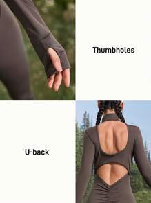 Women's Solid Color Zipper Partial Collar Neck Long Sleeve Sports Jumpsuit - Brown - View 3