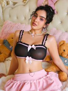 PetitDoll 色块、蝴蝶结、褶饰、抽褶、丝带女士内衣文胸 - 黑色 - 查看 3