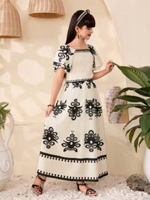 SHEIN 2 件套 Tween Girls 方领短袖印花简约上衣和裙子