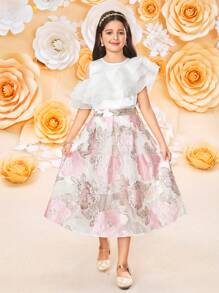 SHEIN Leap Crew Tween 女童欧根纱花朵提花褶皱腰荷叶边下摆裙，锦缎提花设计裙，适合花园茶会、春季郊游和度假 - 彩色 - 查看 6