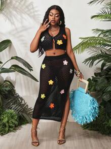 BamGleam 女款针织镂空花朵无袖开衫露腰长裙毛衣套装钩针2件套 - 黑色 - 查看 6