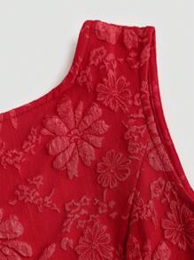 SHEIN Sweetro 女士休闲圆领无袖简约泡泡皱褶 A 字形连衣裙 - 紅色 - 查看 4