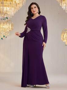Modelyn Plus Size Diamond Decor V-Neck Long Sleeve Casual Long Dress - Purple - View 4