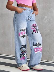 Tween Girl' Casual Fashionable Printed Washed Light Blue Denim Straight Leg Jeans - Light Wash - View 7