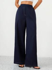 SHEIN Privé Women's Loose Fit Casual Pants With Color Block Design, Blue With White Stripe Fall Cloth For Women