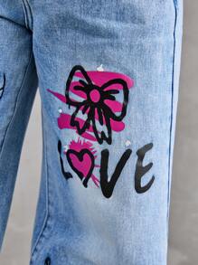 Tween Girl' Casual Fashionable Printed Washed Light Blue Denim Straight Leg Jeans - Light Wash - View 11