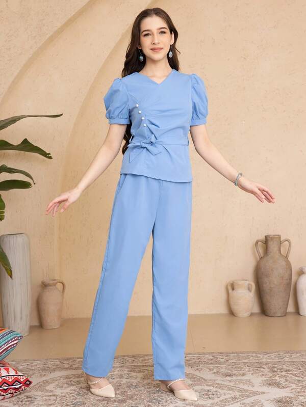 2pcs/Set Teenager Girls Plain Short Sleeve Top And Long Pants Set