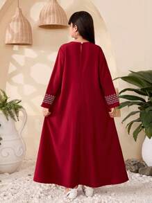 Tween Girls Geometric Pattern Crew Neck Long Sleeve Casual Dress - Burgundy - View 2