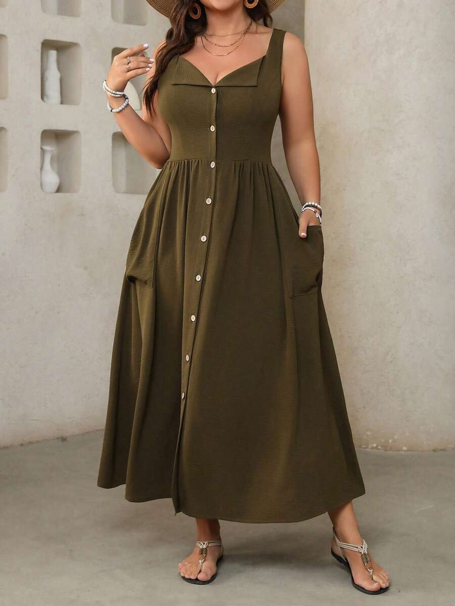 SHEIN Clasi Vestido casual para uso diario de talla grande para mujer con solapa, botones, manga corta, de unicolor, diseño simple, para primavera/verano - Verde Oliva - Ver 1