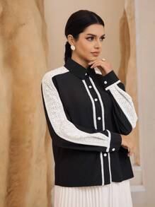 Graceveil Camisa casual de mujer de manga larga con botones delanteros y bloque de color