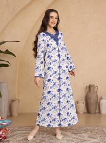 Teen Girl Long Sleeve Flower Print Casual Long Dress