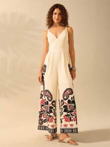 CAJUNI Women's Casual Vacation Tropical Print Cami Jumpsuits, Bohemian Summer Loose Wide Leg Rompers In Beige, Black, White Colors - Multicolor - View 4