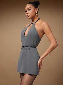 Hauture Summer Dark Grey Seksi Chic Club Night Halter Cutout Backless Romper For Women,Fashionable Solid Casual Jumpsuits For Parties,Concerts & Old Money - Grey - View 4