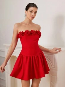 Revavyn Elegant Elegant Embossed Floral Halter Sexy Ruched A-Line Mini Dress In Red   For Summer - Red - View 3