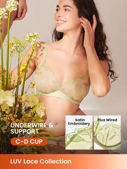 LUVLETTE 绿色刺绣优雅花卉蕾丝和网眼内衣休闲曲线透气无衬里深 V 领透明缩小胸罩