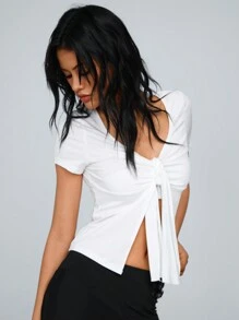 TRNVIE Fashionable V-Neck Tied Short Sleeve White Blouse.Festival Patry.Summer Outfits For Women