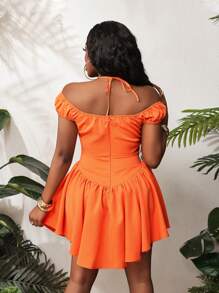 BamGleam Vestido corto casual minimalista de mujer de unicolor con volantes - Naranja Quemada - Ver 2