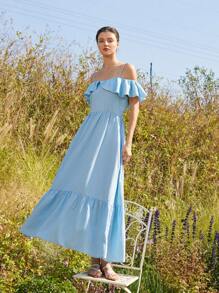 Aveloria Rosie Französisches elegantes Resort Sexy Spaghetti-Träger Off-Shoulder Kleid mit Rüschensaum, Bogen-Volants und Jacquard-Stoff, figurbetonter Schnitt für Damen