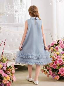 SHEIN Tween Girl 蝴蝶结领荷叶边无袖 A 字形欧根纱连衣裙