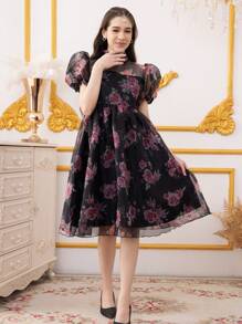 Teen Girl Elegant Floral Allover Print Puff Sleeve Dress - Black - View 7