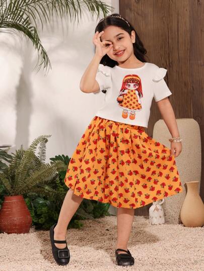 2pcs/Set Young Girl Cartoon Print Round Neck Short Sleeve Top And Pleated Butterfly Print Skirt