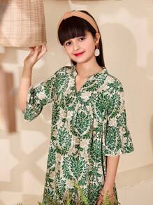 Tween Girl V-Neck Allover Print Casual Dress - Green - View 4