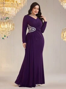 Modelyn Plus Size Diamond Decor V-Neck Long Sleeve Casual Long Dress - Purple - View 6