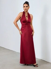 Chiquease Satijnen strik open rug jurk - Bordeaux - Bekijken 3