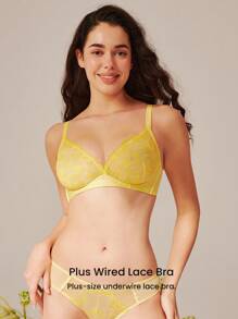 LUVLETTE Yellow Embroidered Elegance Floral Lace & Mesh Lingerie Lounge Curve Breathable Unlined Plunge V-Neck Sheer Minimizer Bra - Yellow - View 7