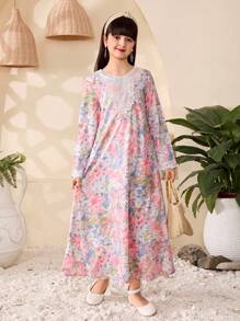 女童扎染花卉印花连衣裙，蓝色和粉色 - 粉色 - 查看 7