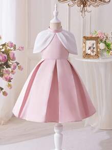SHEIN Đầm dệt kim dáng chữ A cổ đứng phối màu tương phản cho bé gái, thích hợp cho kỳ nghỉ gia đình, dễ thương, thanh lịch và thời trang, dự tiệc, sinh nhật, công chúa xinh đẹp, mẹ và con gái, chị em gái mặc đồ đôi. Mùa xuân hè. - Hồng - Xem 1